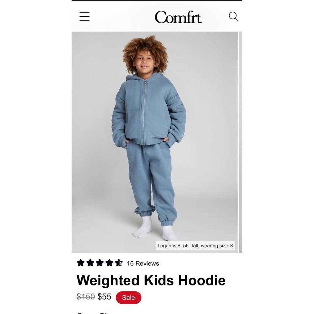 Comfrt Weighted Kids Hoodie Slate Blue Grey Sensory Zip Up Sweatshirt Size S